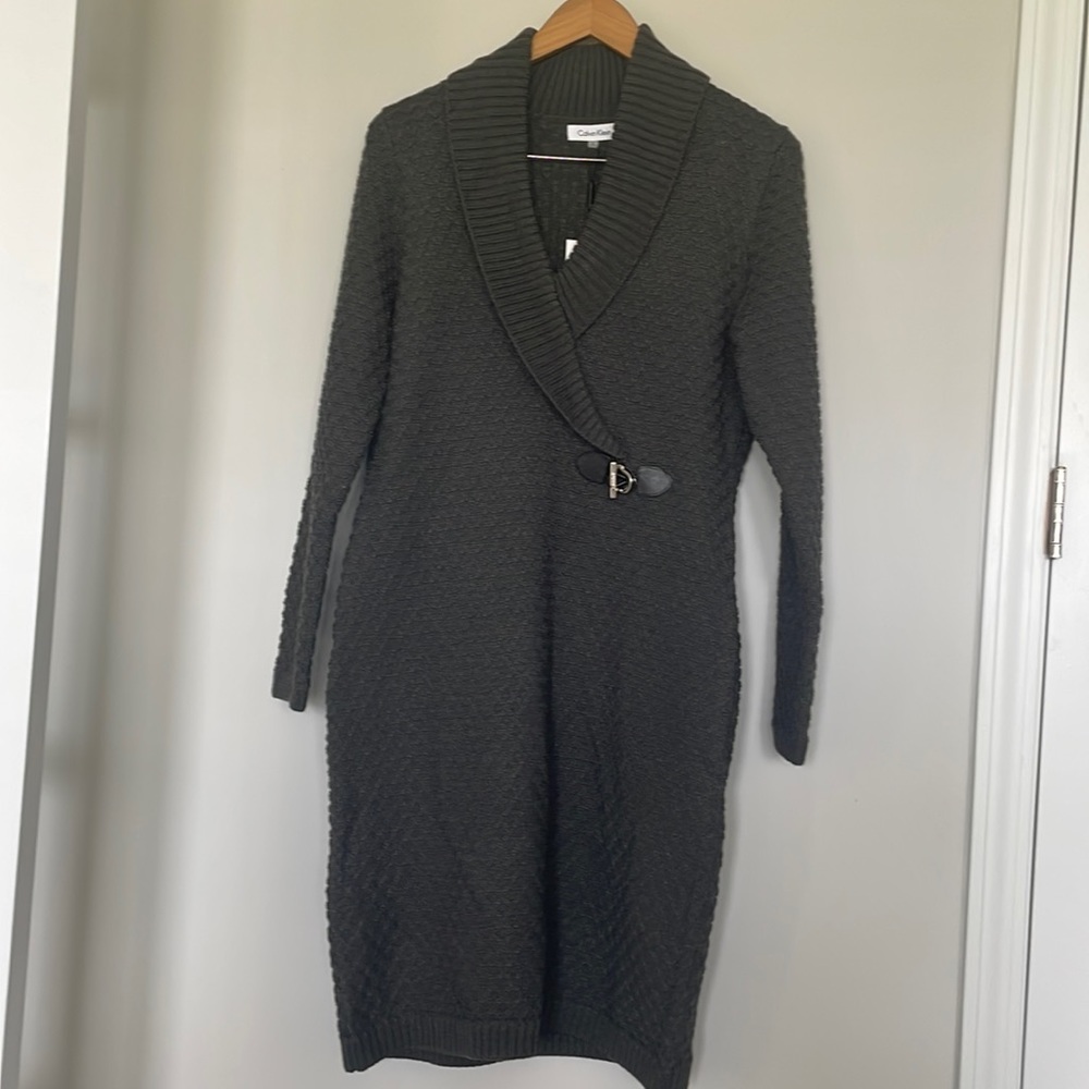 Calvin Klein V Neck Cable Knit Sweater Dress Sz L NWT